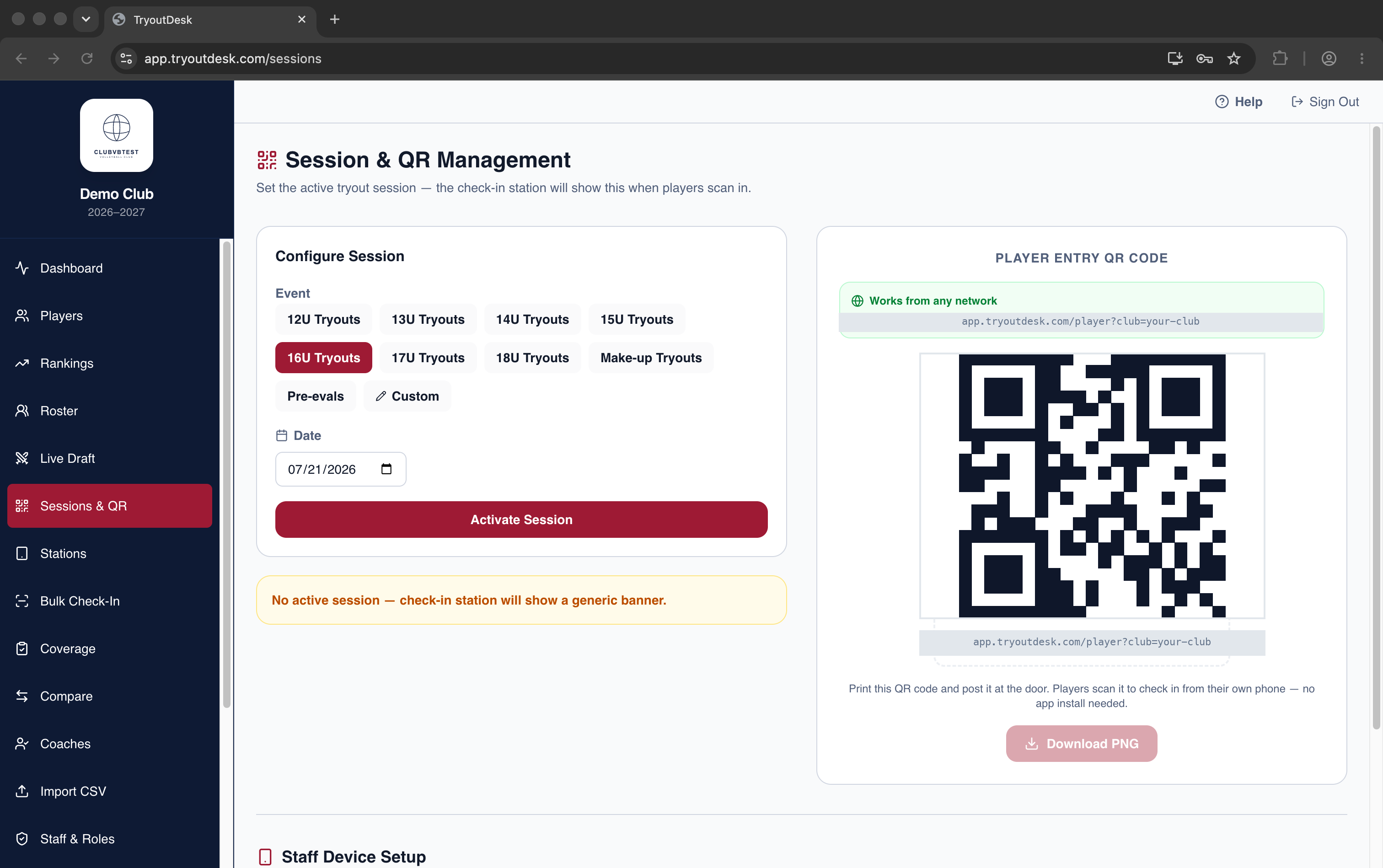 TryoutDesk Sessions and QR Management page
