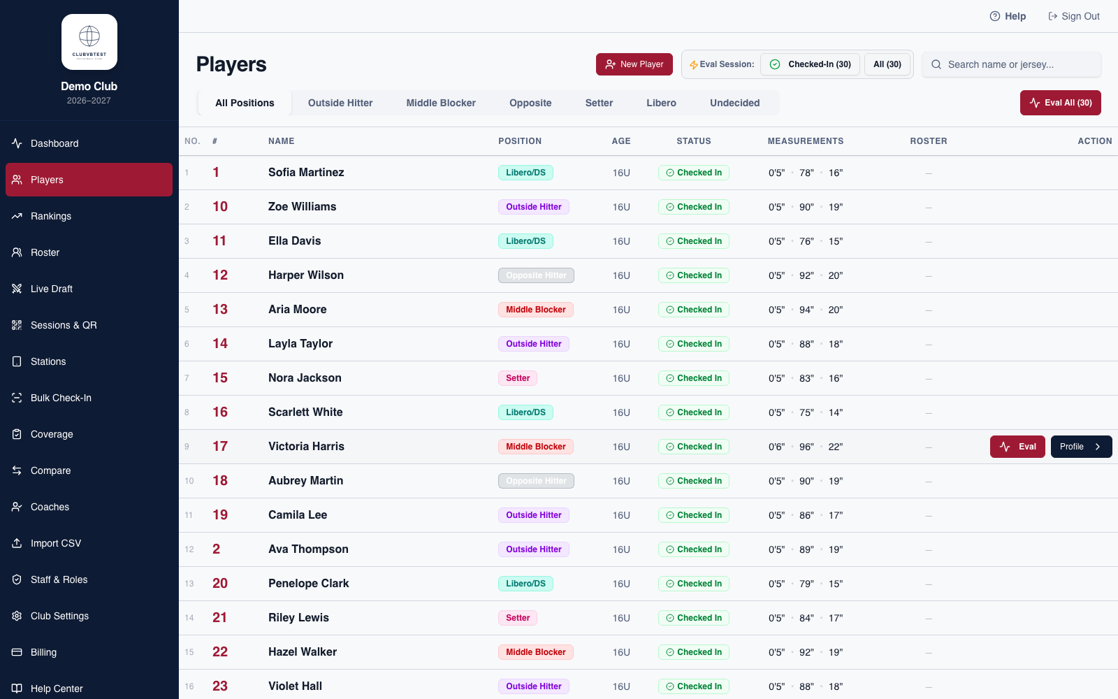TryoutDesk Players list