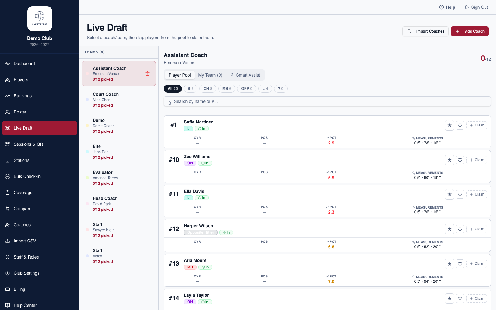 TryoutDesk Live Draft page showing the player pool
