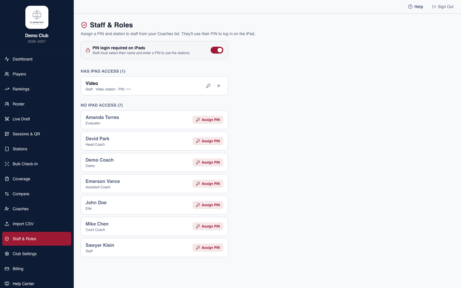 TryoutDesk Staff and Roles page