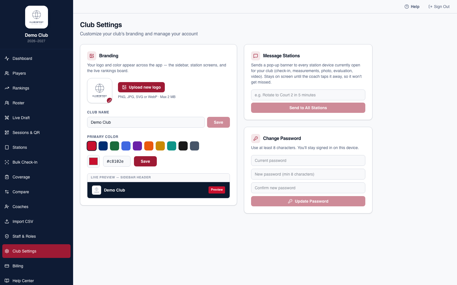 TryoutDesk Club Settings page