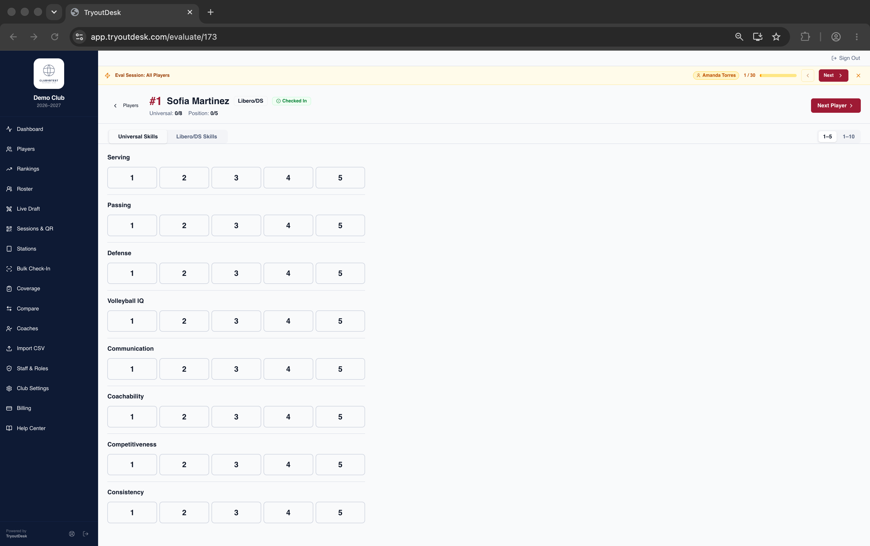 TryoutDesk evaluation station showing Universal Skills