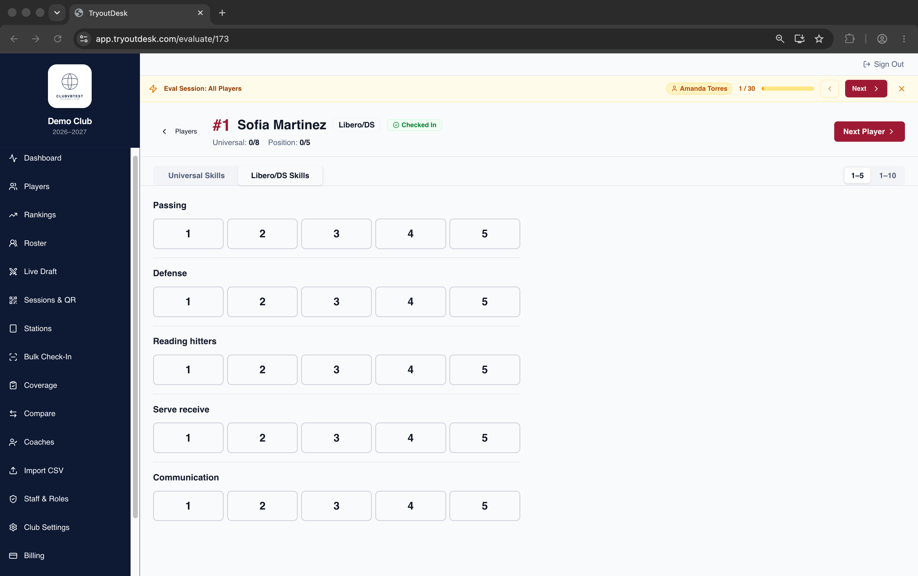 TryoutDesk evaluation station showing a position-specific skills tab