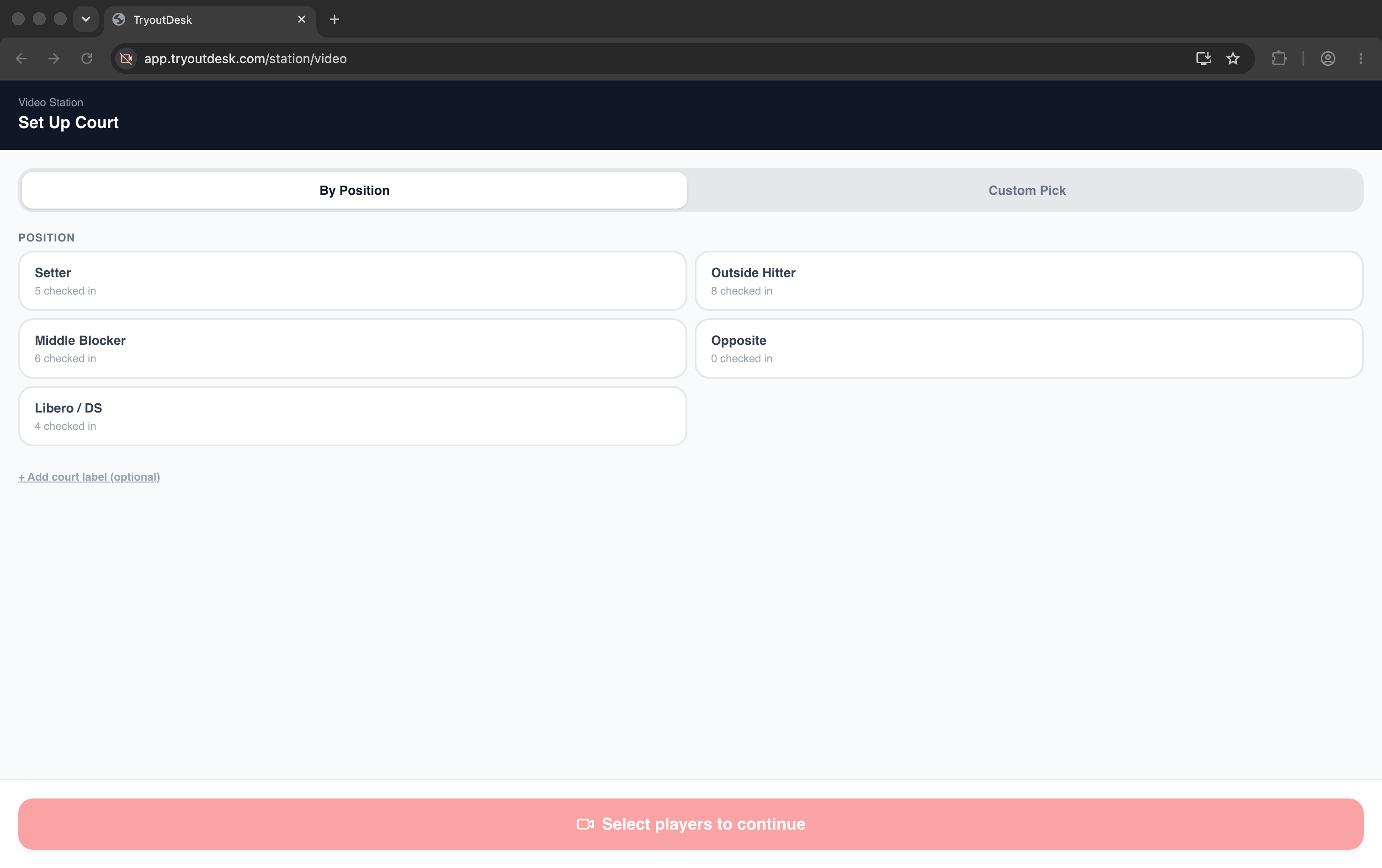 TryoutDesk video station court setup screen