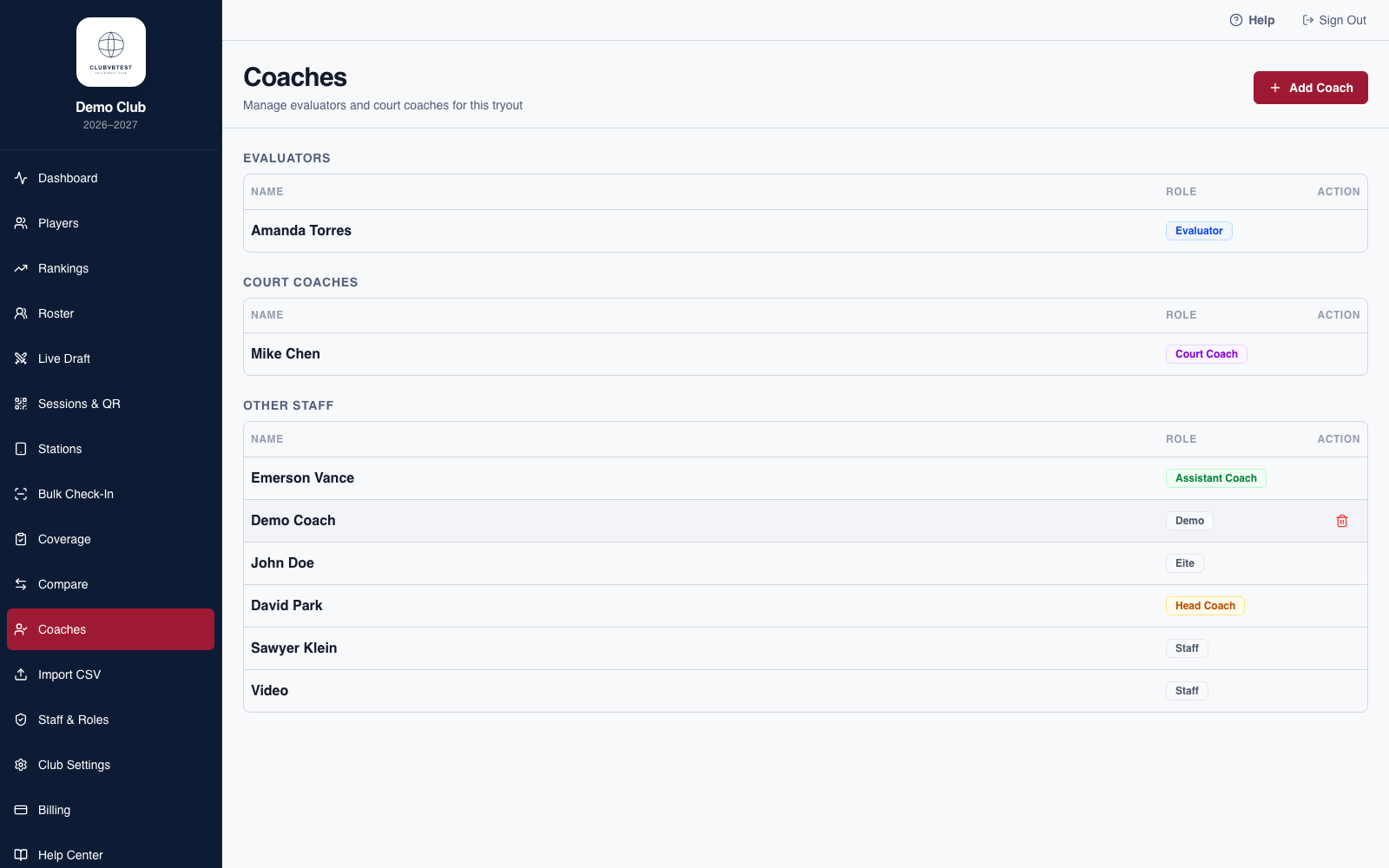 TryoutDesk Coaches page